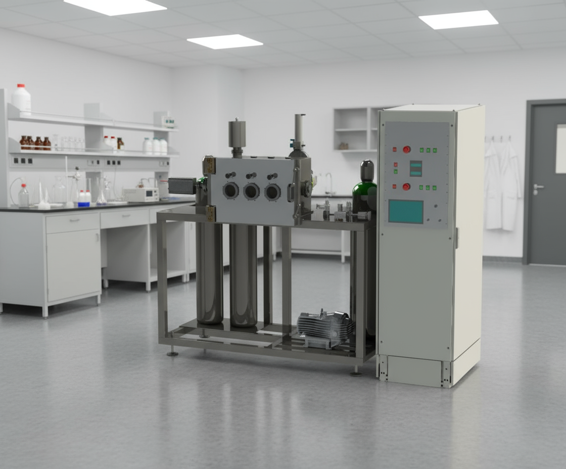 AtOx system in a laboratory — skid-mounted vacuum stack with control cabinet